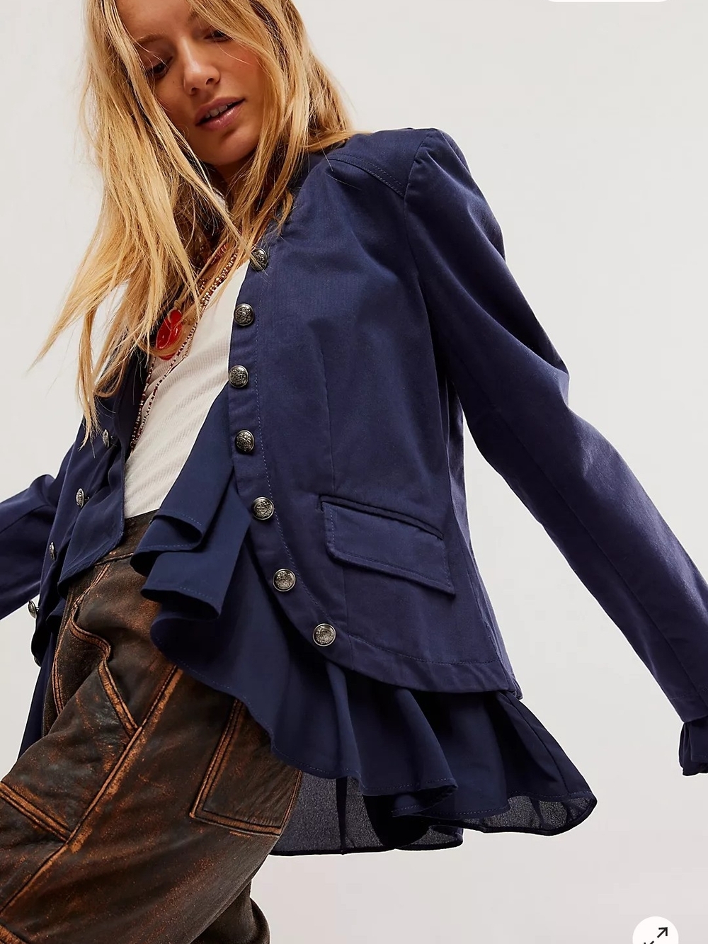 Free People Navy Ruffle Hem Women's Jacket NWT